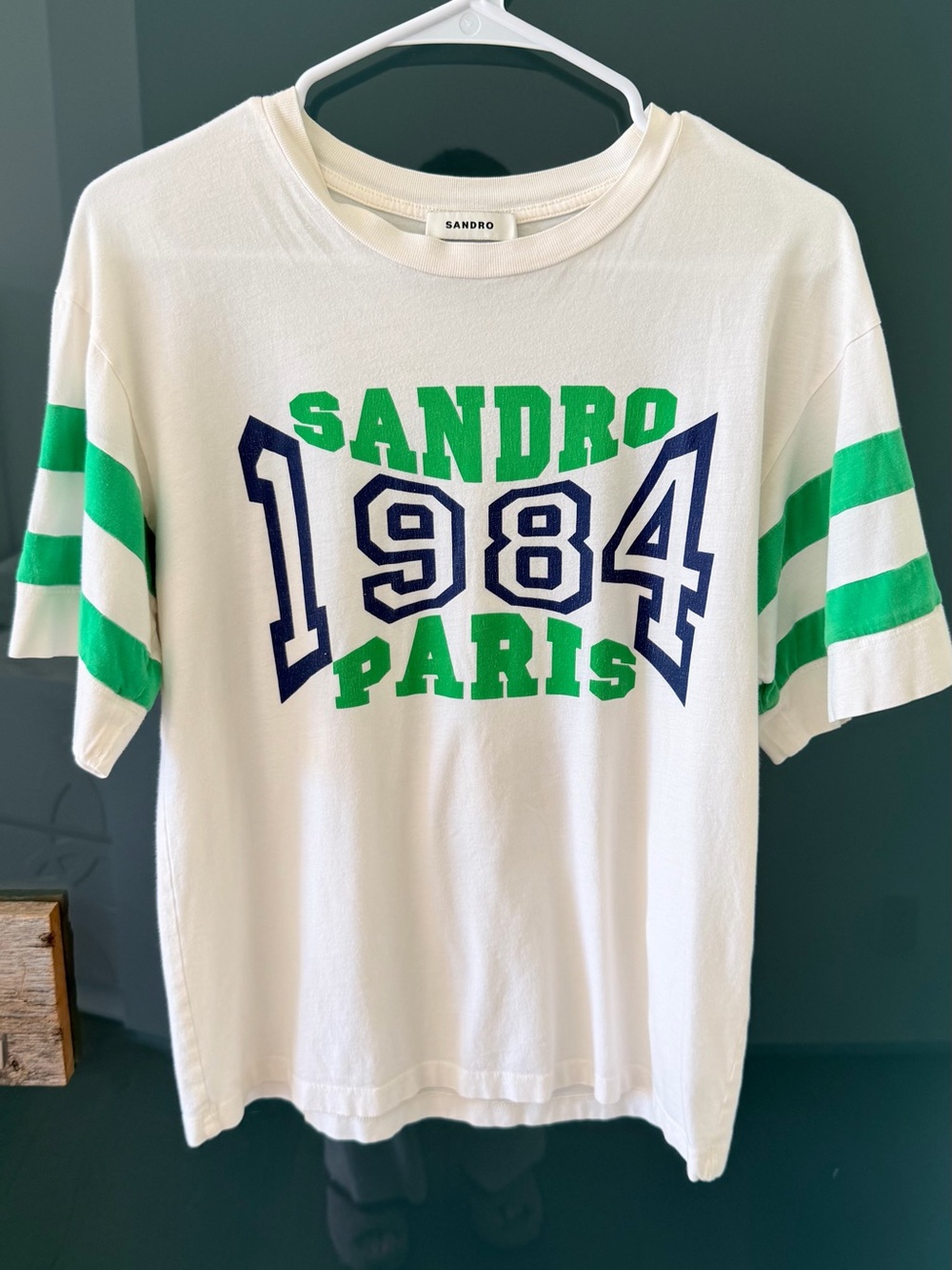 Sandro Cream Short Sleeve Tee with Green & Blue 1984 Graphic - Picture 7 of 15